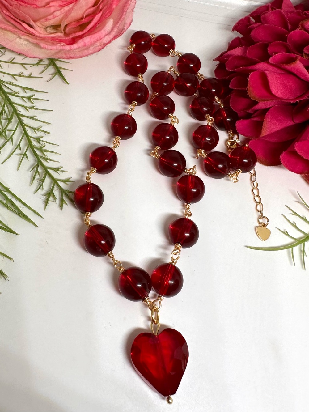 NEW⚜️ Handmade Red Beaded Crystal Heart Charm Necklace